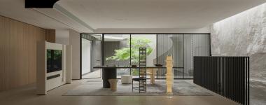 Ein majestätischer moderner japanischer Hausschnitt mit Kurven und Innenhöfen