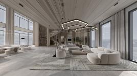 Beige en grijze textuurdecor in woonruimtes met dubbele hoogte