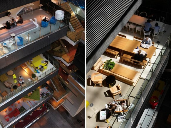 ANZ business center atrium udsigt farverige moderne kontorlokaler
