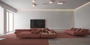 Interior minimalista com decoração com detalhes em vermelho (inclui planta baixa)